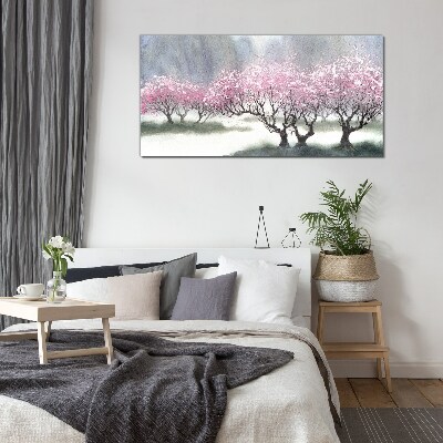 Schilderij op glas Bloeiende bomen in de lentemist