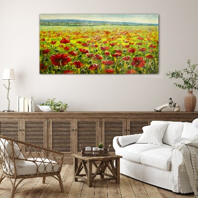 Foto op glas Een veld klaprozen in de zon