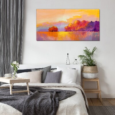 Foto op glas Kleurrijke zonsondergang over de weide