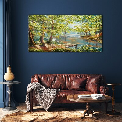 Schilderij op glas Een vredig boslandschap aan het meer