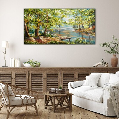 Schilderij op glas Een vredig boslandschap aan het meer