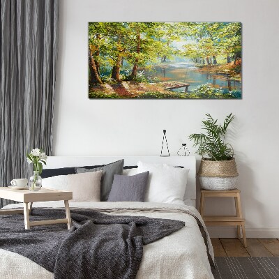 Schilderij op glas Een vredig boslandschap aan het meer