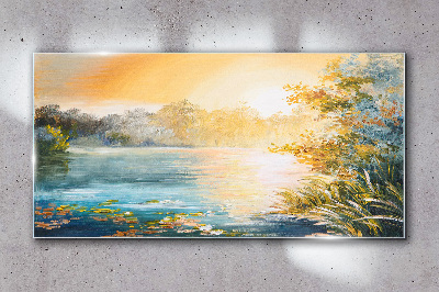 Schilderij op glas Ochtendrust aan de rivier