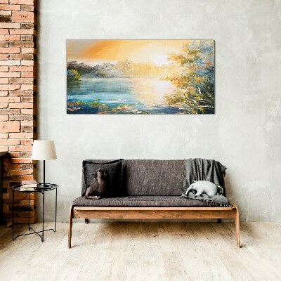 Schilderij op glas Ochtendrust aan de rivier