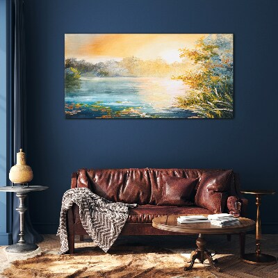 Schilderij op glas Ochtendrust aan de rivier