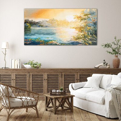 Schilderij op glas Ochtendrust aan de rivier