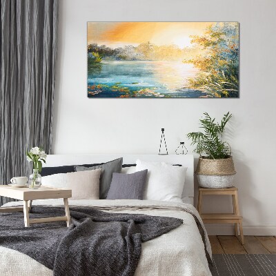 Schilderij op glas Ochtendrust aan de rivier