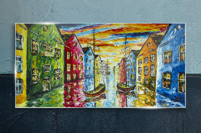 Glas foto Kleurrijke huurkazernes aan de rivier