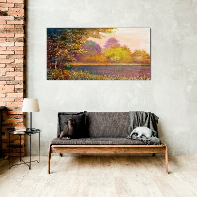 Schilderij op glas Herfstkleuren aan het meer