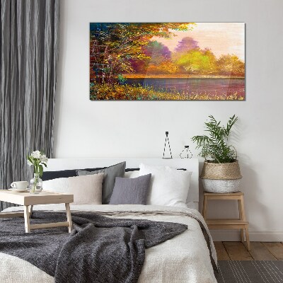 Schilderij op glas Herfstkleuren aan het meer