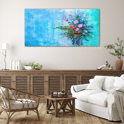 Glas foto Bloemencompositie op een blauwe achtergrond