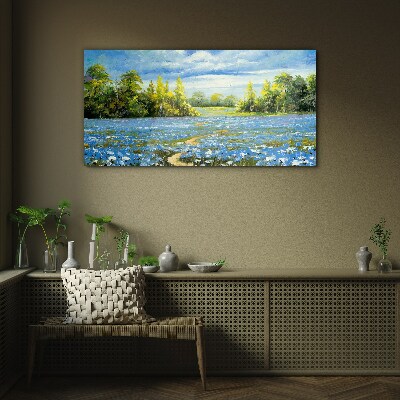 Glas foto Lentelandschap met blauwe bloemen