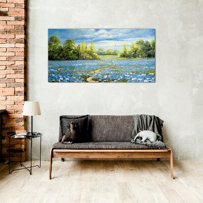 Glas foto Lentelandschap met blauwe bloemen