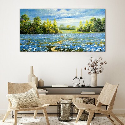 Glas foto Lentelandschap met blauwe bloemen