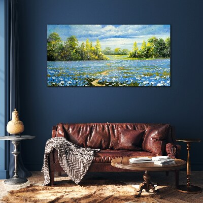 Glas foto Lentelandschap met blauwe bloemen