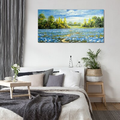 Glas foto Lentelandschap met blauwe bloemen