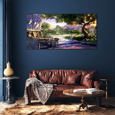 Schilderij op glas Lentelandschap met bloeiende bomen