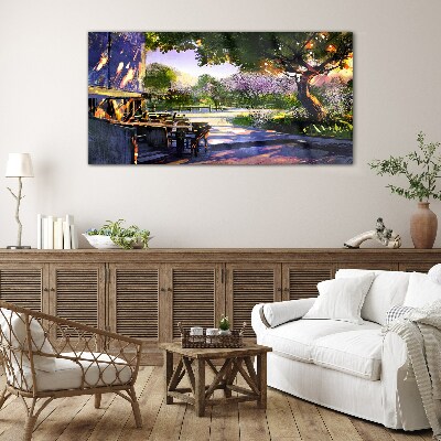 Schilderij op glas Lentelandschap met bloeiende bomen