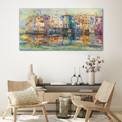 Foto op glas Een kleurrijk stadje aan het water