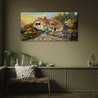 Glas foto Een charmant landhuisje omgeven door bloemen