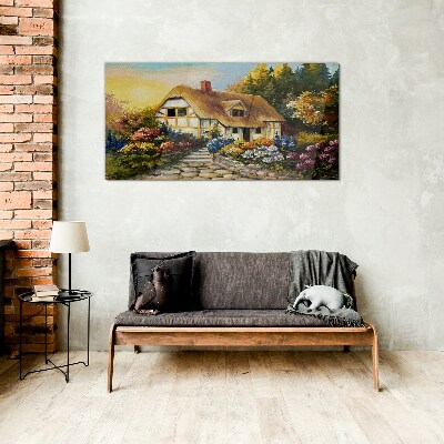 Glas foto Een charmant landhuisje omgeven door bloemen