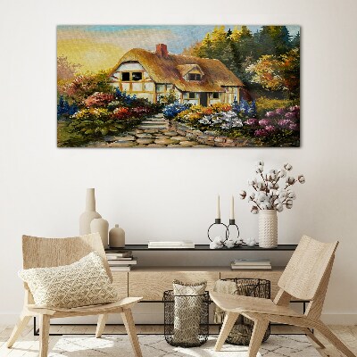 Glas foto Een charmant landhuisje omgeven door bloemen