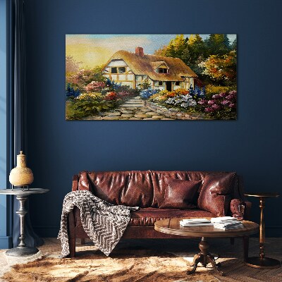 Glas foto Een charmant landhuisje omgeven door bloemen