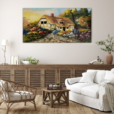 Glas foto Een charmant landhuisje omgeven door bloemen