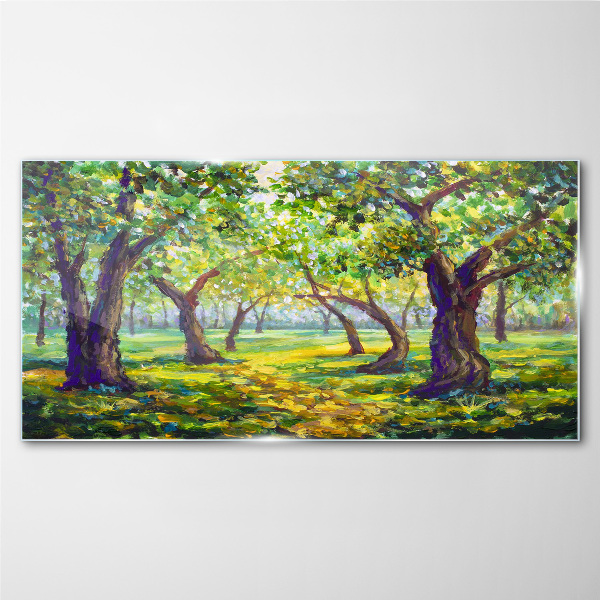 Glas foto Een groen bos in de zonnestralen