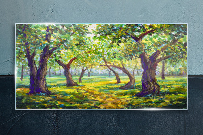 Glas foto Een groen bos in de zonnestralen