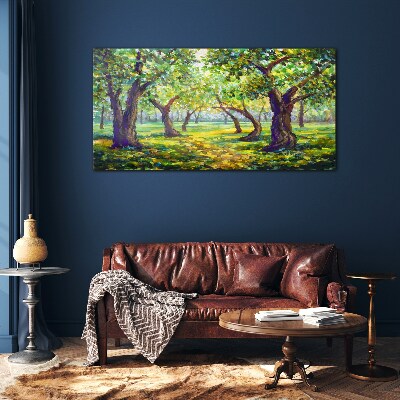 Glas foto Een groen bos in de zonnestralen