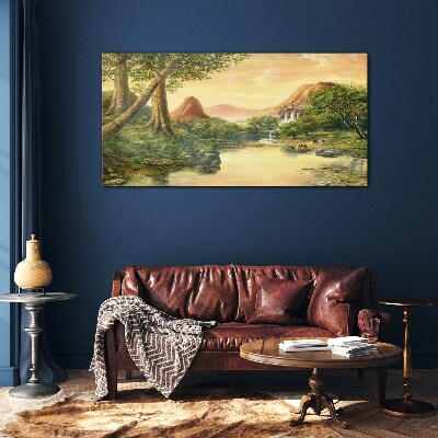 Foto op glas Een vredig landschap met een rivier en bomen