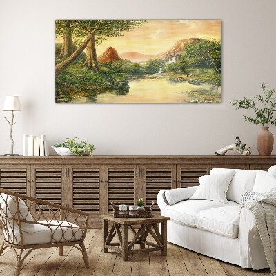 Foto op glas Een vredig landschap met een rivier en bomen