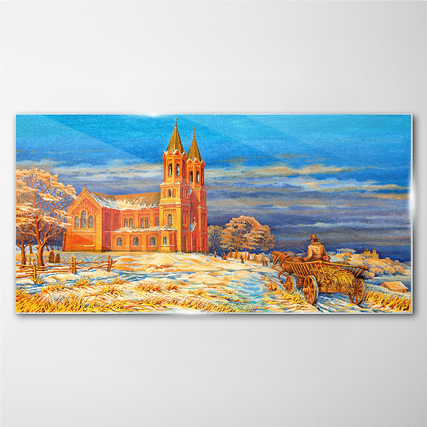 Schilderij op glas Winterlandschap met een kerk