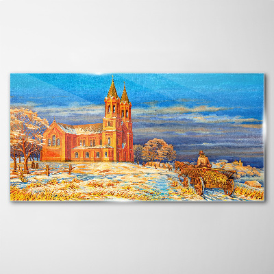 Schilderij op glas Winterlandschap met een kerk