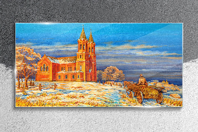 Schilderij op glas Winterlandschap met een kerk