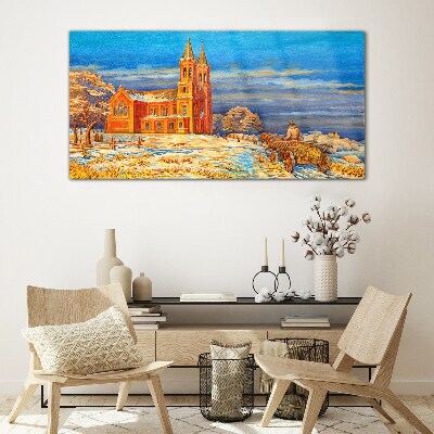 Schilderij op glas Winterlandschap met een kerk