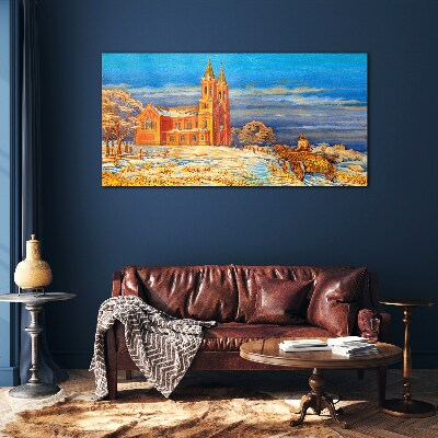 Schilderij op glas Winterlandschap met een kerk