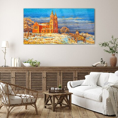 Schilderij op glas Winterlandschap met een kerk