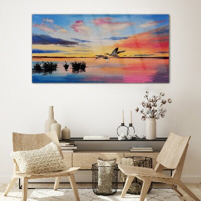 Glas foto Zonsondergang over het meer