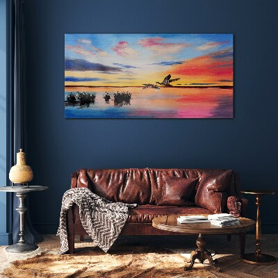 Glas foto Zonsondergang over het meer