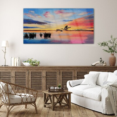 Glas foto Zonsondergang over het meer