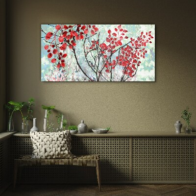 Foto op glas Rode bladeren op een blauwe achtergrond