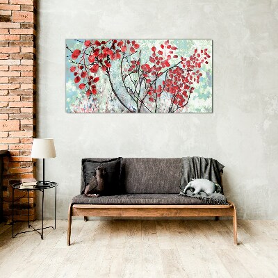 Foto op glas Rode bladeren op een blauwe achtergrond