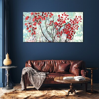 Foto op glas Rode bladeren op een blauwe achtergrond