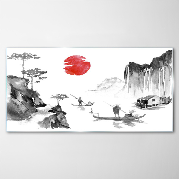 Glas foto Een vredig landschap met een zonsondergang