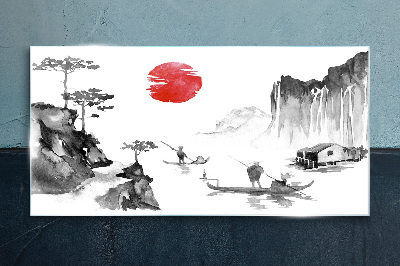 Glas foto Een vredig landschap met een zonsondergang