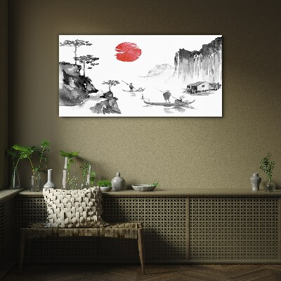 Glas foto Een vredig landschap met een zonsondergang