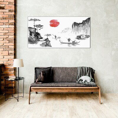 Glas foto Een vredig landschap met een zonsondergang