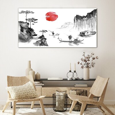 Glas foto Een vredig landschap met een zonsondergang